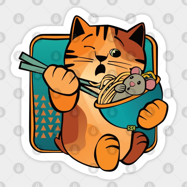 Cat Eating Noodles with Mouse Sticker by Sue Cervenka